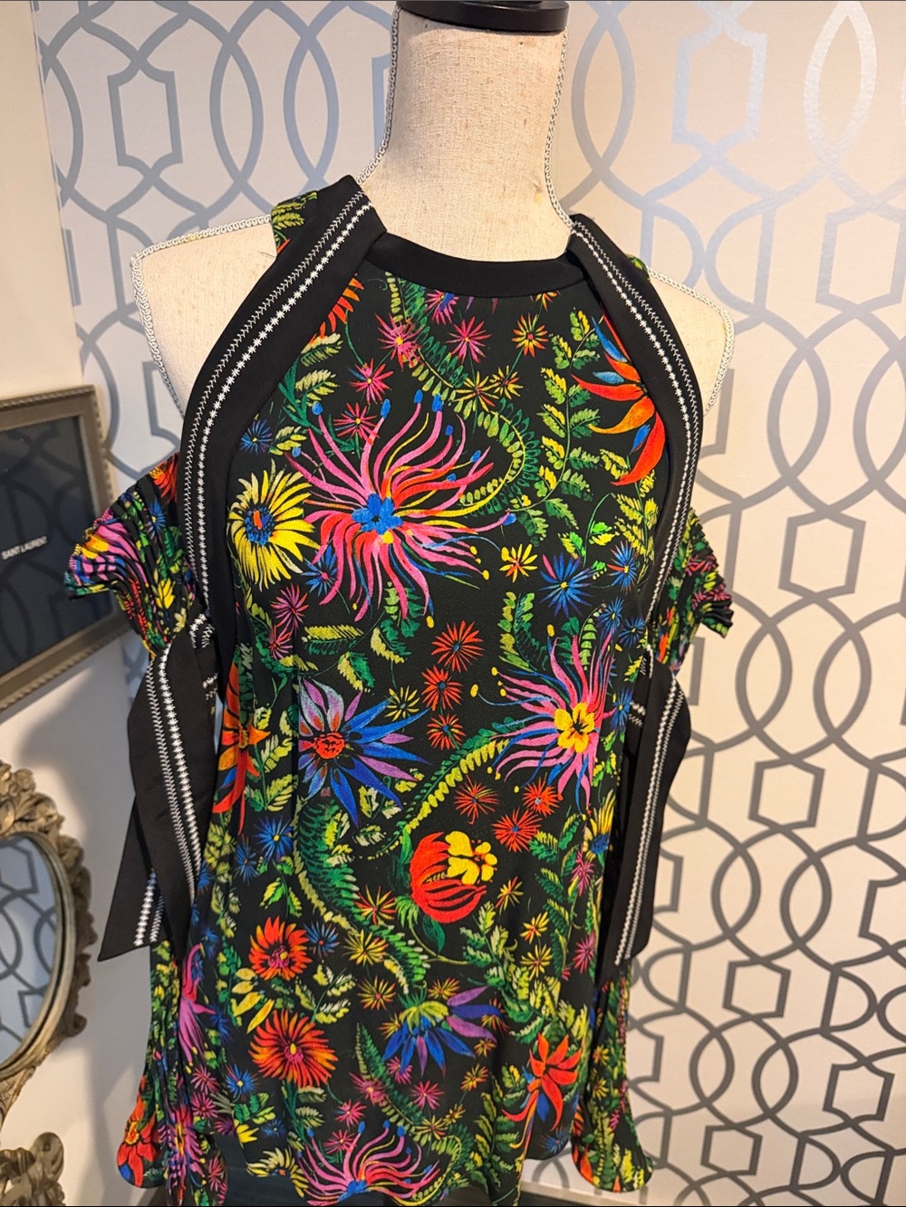 Philip Lim Black Floral Halter Top with Bright Multicolor Bloom Print